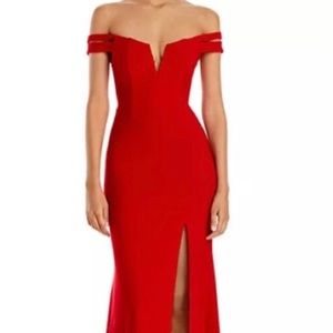 Aqua off the shoulder red gown with slit